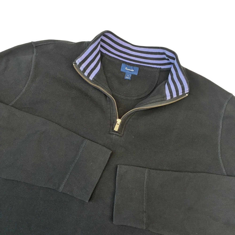Faconnable Quarter Zip Men‎ Large Black Cotton Striped Collar Pullover Sweater